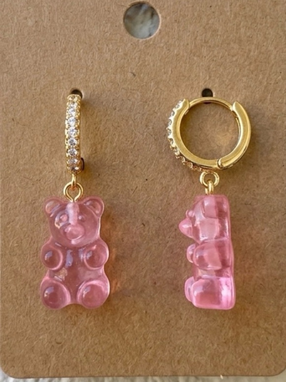 Pink Resin Gummy Bear Gold Huggie Hoop Earrings Rhinestone Accent